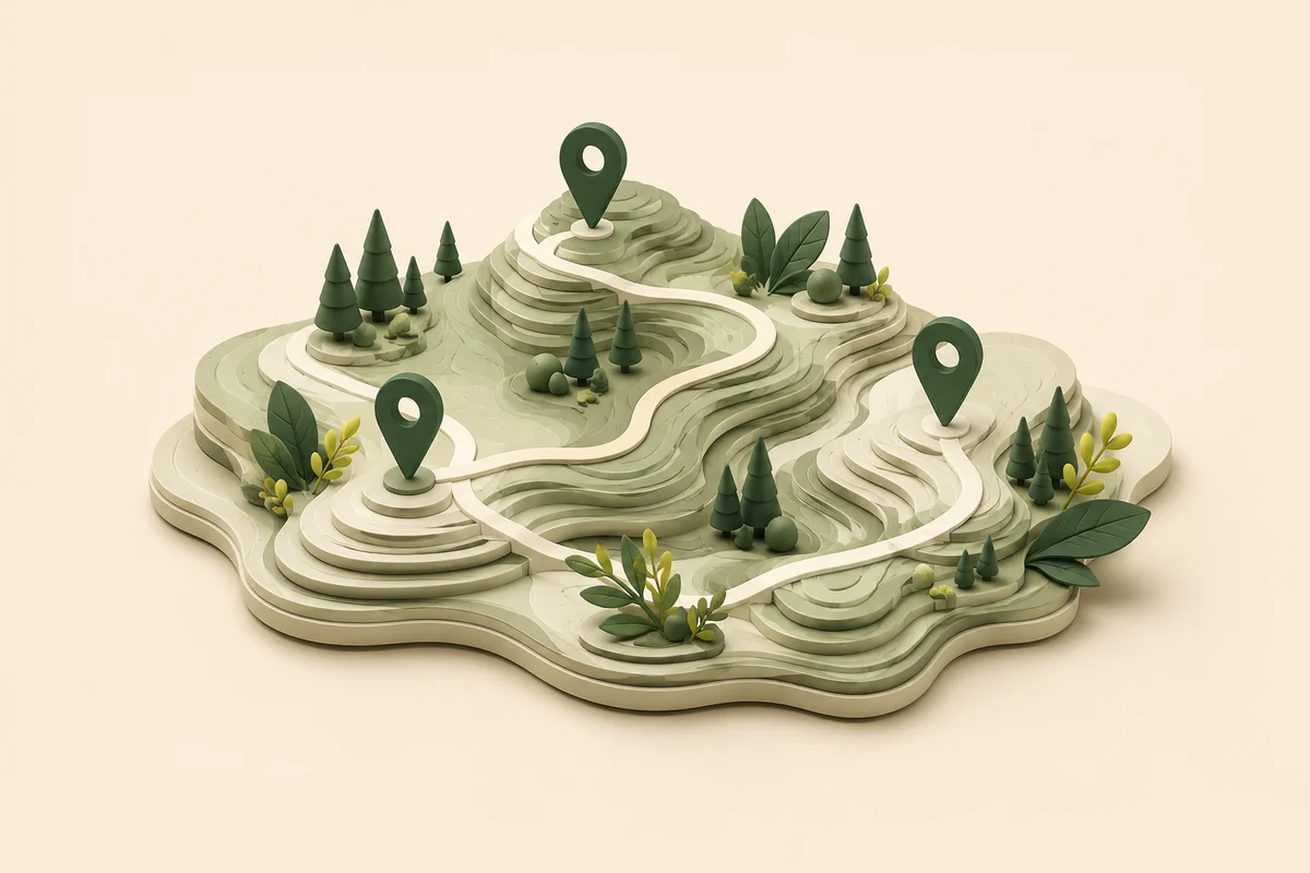 Sculpted landscape with connected trails and location pins