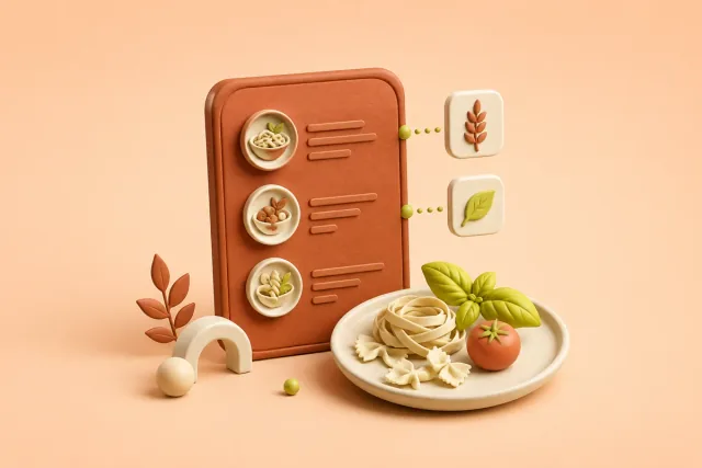Sculpted restaurant menu with dishes and connected ingredient symbols