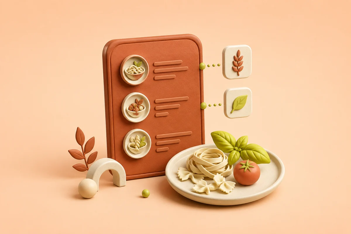 Sculpted restaurant menu with dishes and connected ingredient symbols